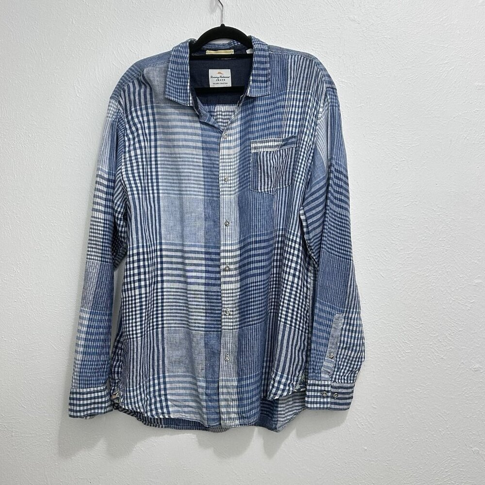 Tommy Bahama Jeans Shirt Men XL Island Crafted Button Down 100% Linen Blue White